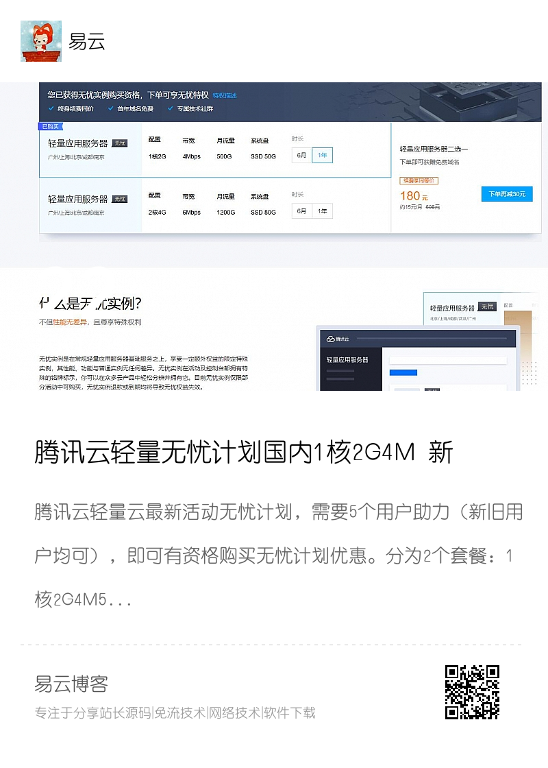腾讯云轻量无忧计划国内1核2G4M 新购续费15元/月分享封面